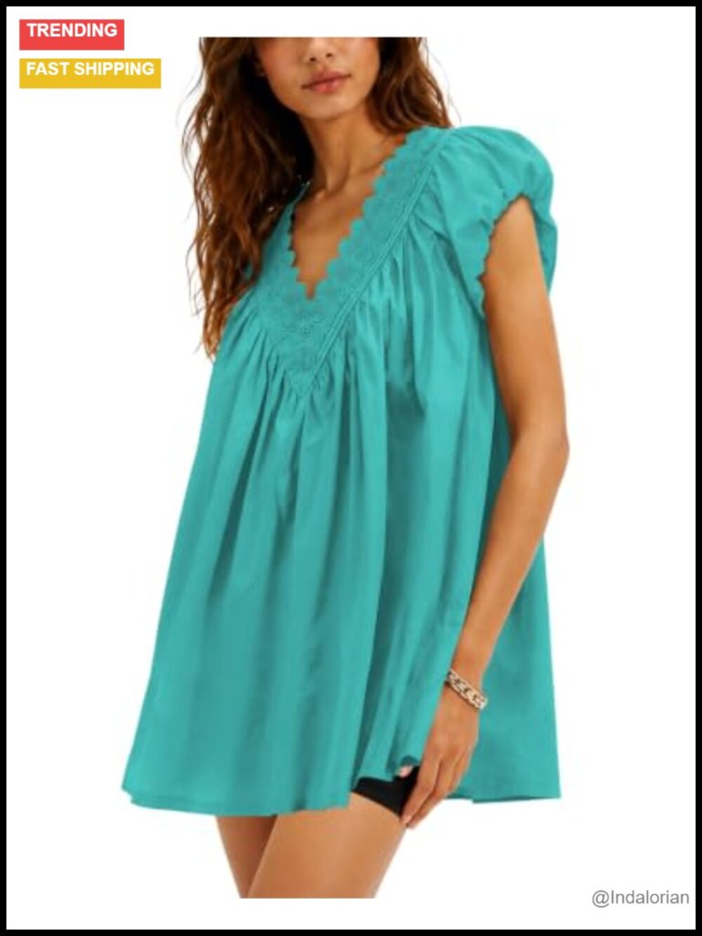 Plus Size Babydoll Top Lace V Neck Cotton Puff Sleeve Boho Summer Beach Tunic